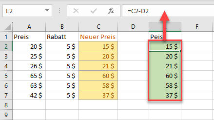 Inhalte einfuegen Option Formeln Ergebnis