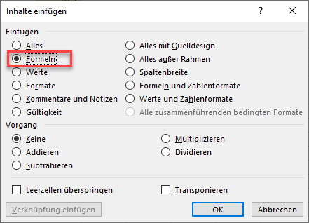 Inhalte einfuegen Option Formeln