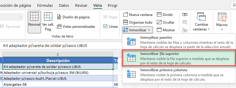 Inmovilizar Fila Superior en Excel