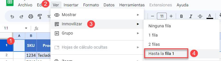 Inmovilizar Hasta la Fila Uno en Google Sheets