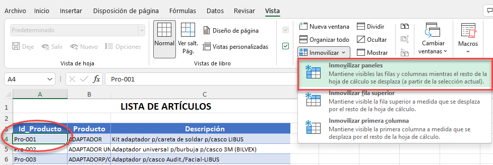 Inmovilizar Paneles en Excel