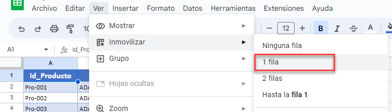 Inmovilizar Una Fila en Google Sheets