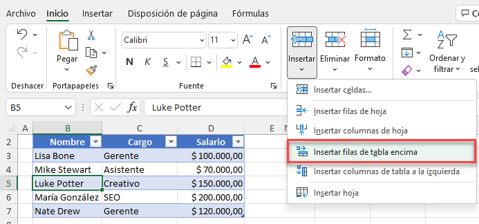 Insertar Filas de Tabla Encima desde Menú