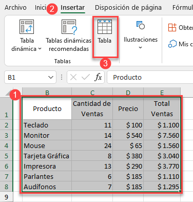 Insertar Tabla en Excel