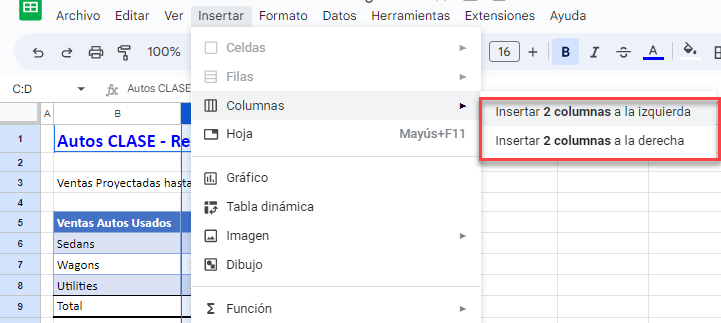 Insertar Varias Columnas Desde el Menú en Google Sheets