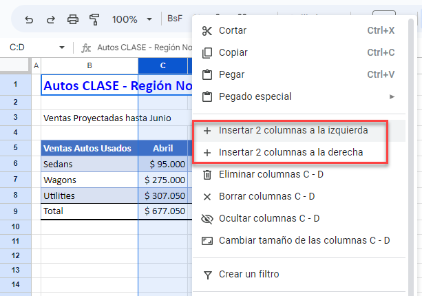 Insertar Varias Columnas con Botón Derecho en Google Sheets
