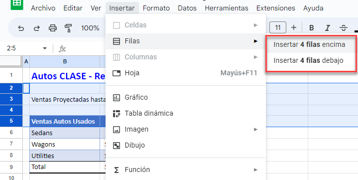 Insertar Varias Filas Desde el Menú en Google Sheets