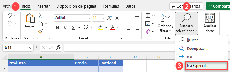 Ir a Especial en Excel