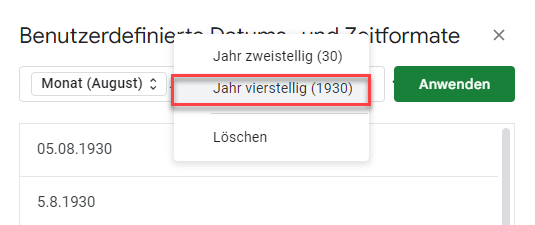 Jahr vierstellig Google Sheets