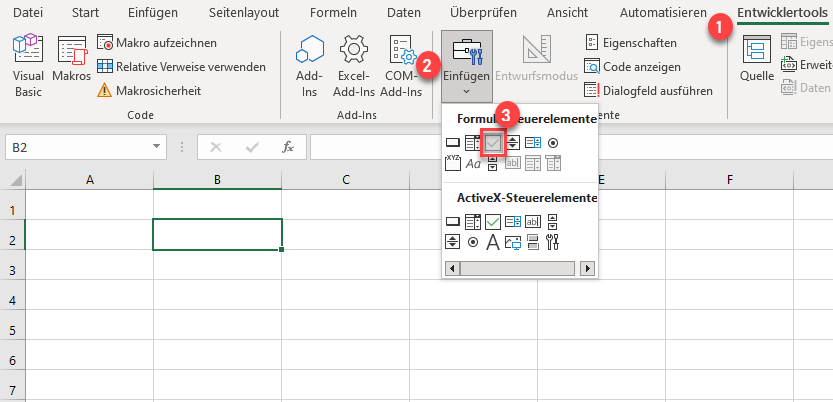 Kontrollkaestchen in Arbeitsblatt einfuegen