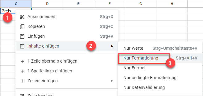 Kopierte Formate in Google Sheets einfuegen