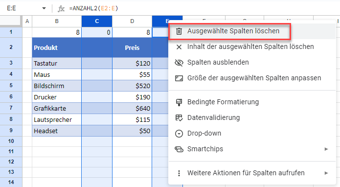 Leere Spalten mit Hilfszeile loeschen GS