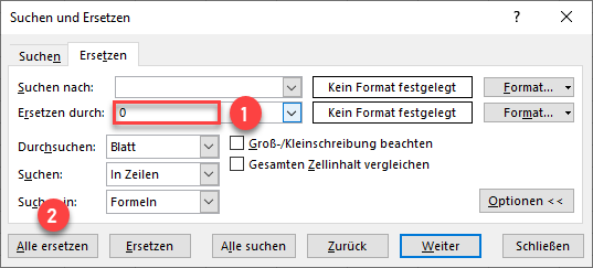 Leere Zellen Suchen Ersetzen Dialog