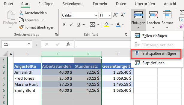 Mehrere Spalten ueber Menueband einfuegen