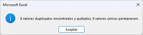 Mensaje de Valores Duplicados Eliminados