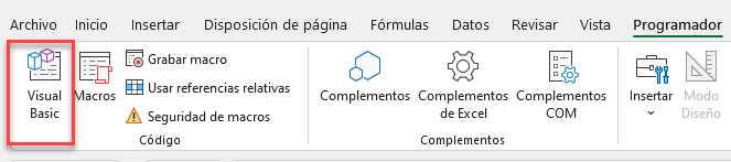 Menú Desarrollador Visual Basic