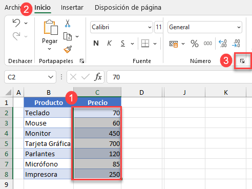 Menú Formato de Número