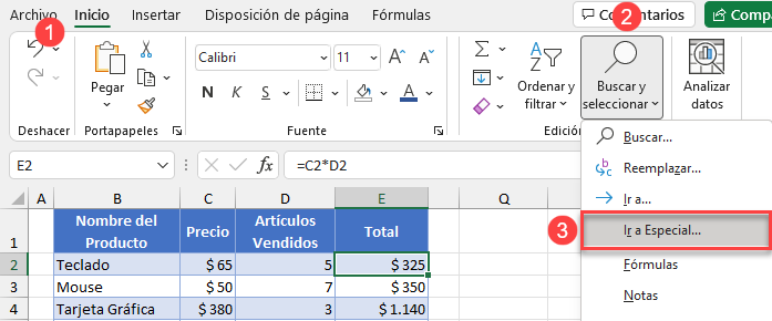 Menú Ir a Especial en Excel