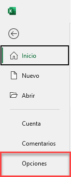 Menú Opciones en Excel