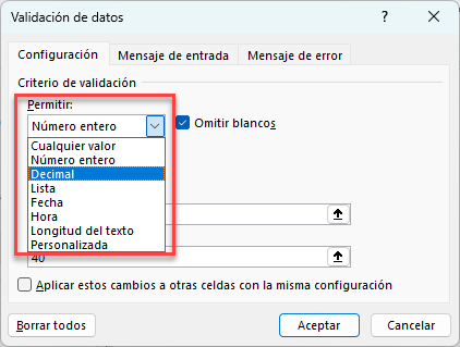 Modificar Lista Desplegable Permitir en Criterios de Validación