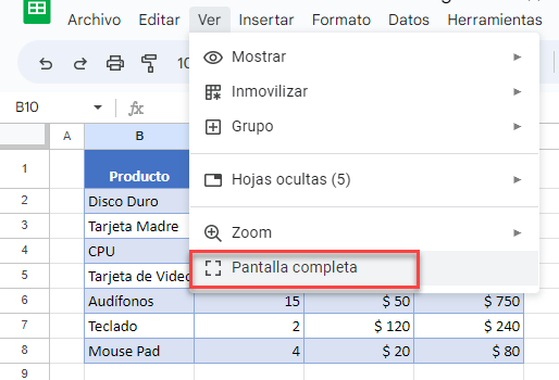 Modo Pantalla Completa en Google Sheets