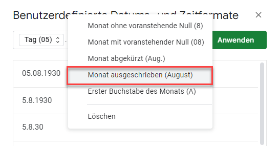 Monat ausschreiben Google Sheets