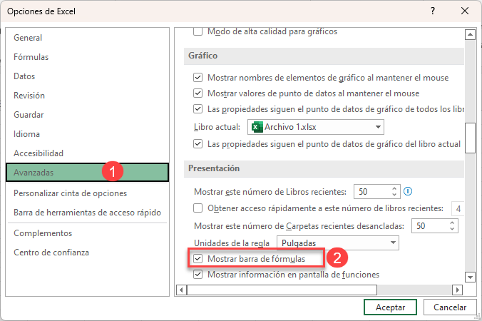 Mostrar Barra de Fórmulas Desde Menú Opciones en Excel