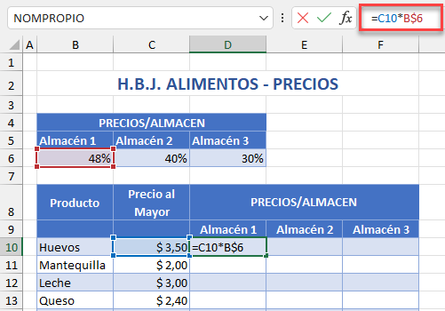 Muestra de Fórmula con Referencia Mixta