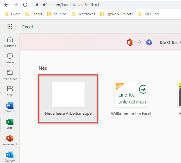 Neue Excel Datei in Office Live