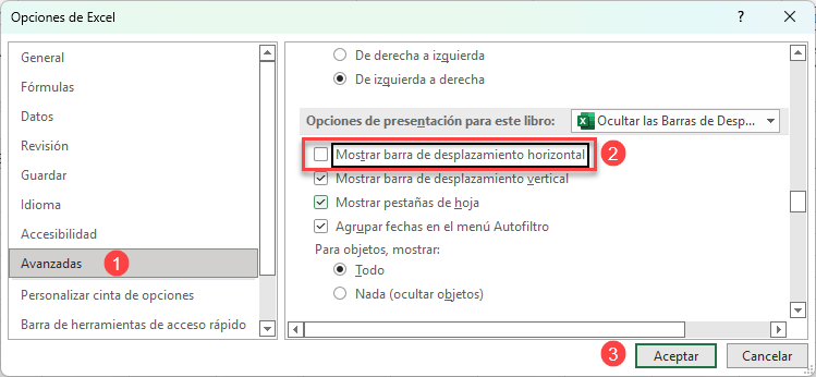 Ocultar Barra de Desplazamiento Horizontal en Excel