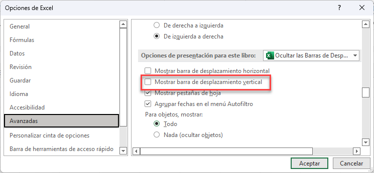 Ocultar Barra de Desplazamiento Vertical en Excel