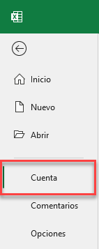 Opción Menú Cuenta en Excel