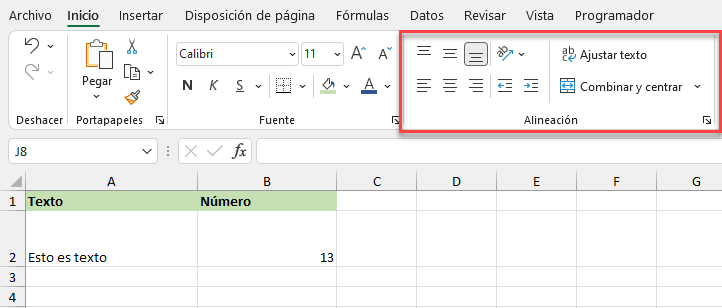 Opciones de Alineación en el Menú de Excel