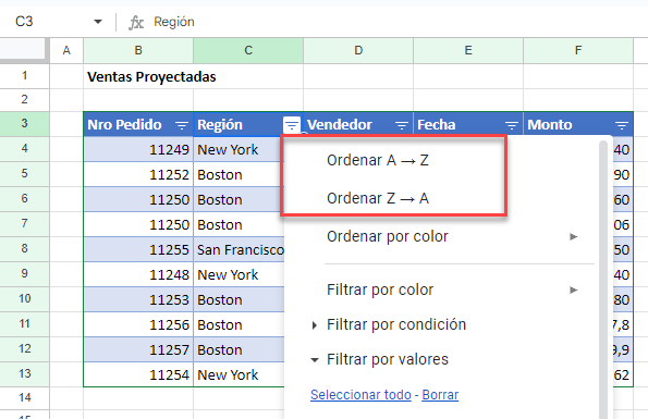 Ordenar Tabla en Google Sheets