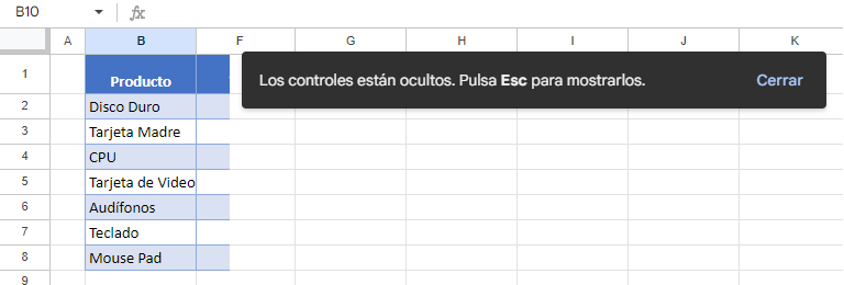 Pantalla Completa en Google Sheets