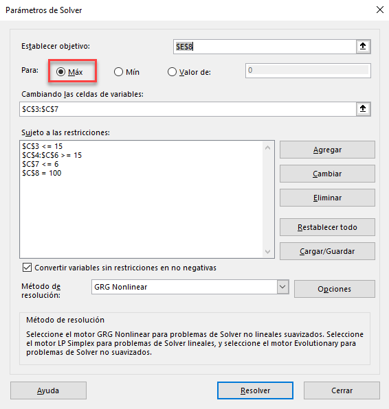 Parámetros de Solver Ejemplo2