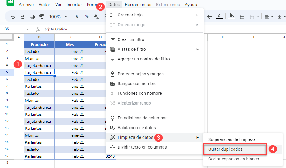 Quitar Duplicados en Google Sheets