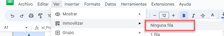 Quitar Inmovilización de Filas en Google Sheets