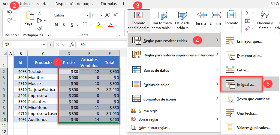 Regla de Formato Condicional es Igual A