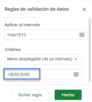 Regla de Validación de Datos en Google Sheets