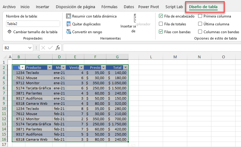 Resultado Convertir Rango de Datos en una Tabla