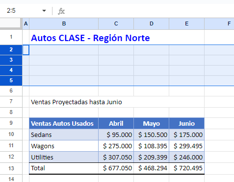 Resultado Insertar Varias Filas Arriba en Google Sheets