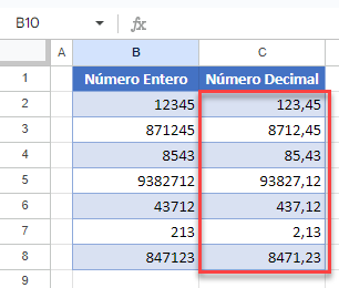 Resultado Mover Decimales en Google Sheets