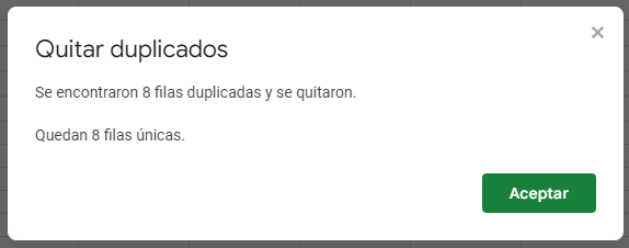 Resultado Quitar Duplicados en Google Sheets