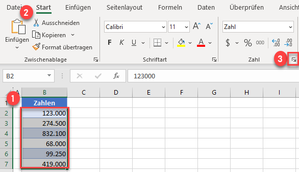 Schritte zu Zahlenformat Tausender