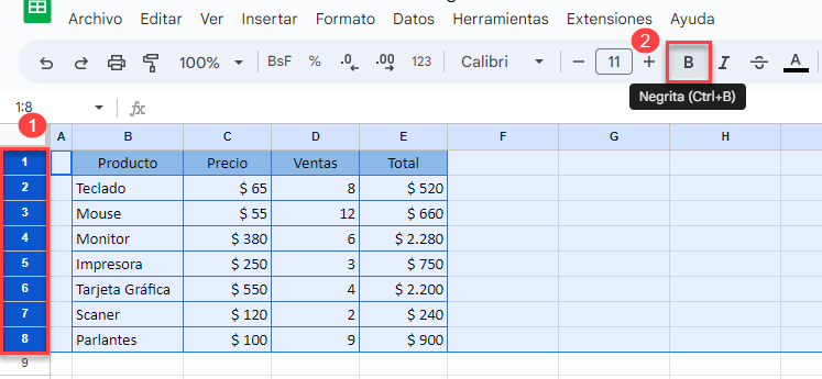 Seleccionar Líneas y Poner en Negrita en Google Sheets