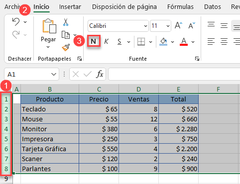 Seleccionar Líneas y Poner en Negrita