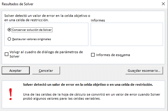 Solver Detectó un Valor de Error