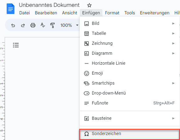 Sonerzeichen in Google Docs einfuegen