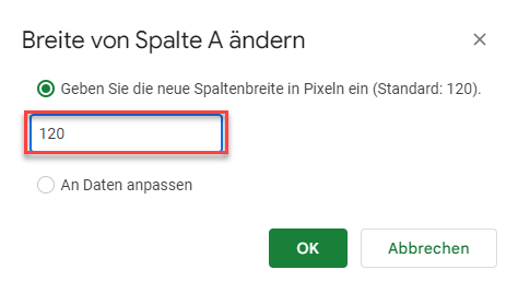 Standard Spaltenbreite eingeben Google Sheets